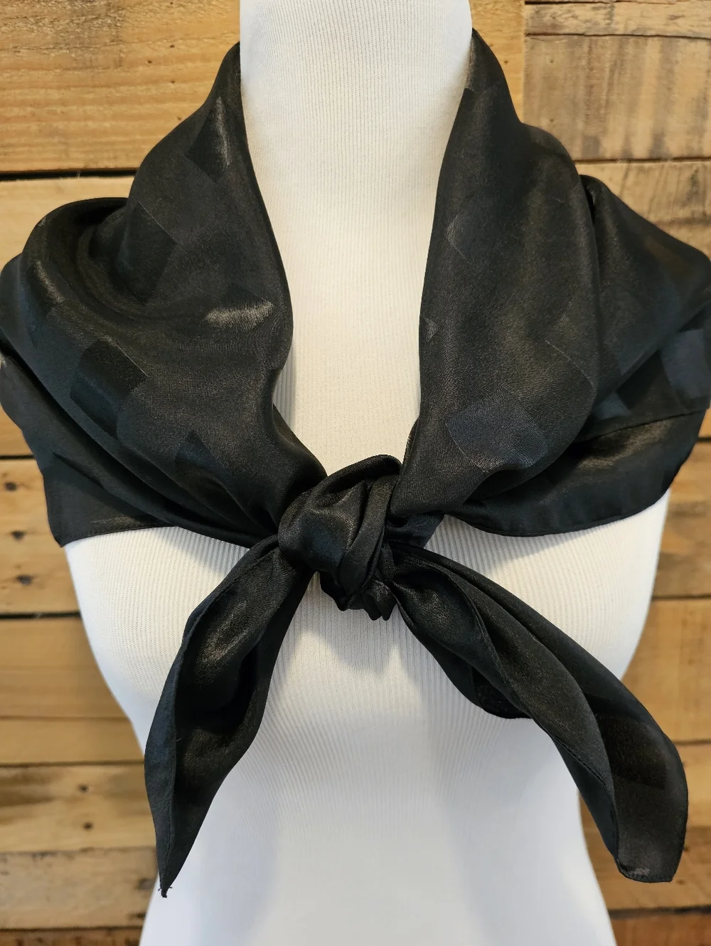 Vintage Black On Black Scarf w/ Square Motif 34" X 34" - Picture 2 of 4